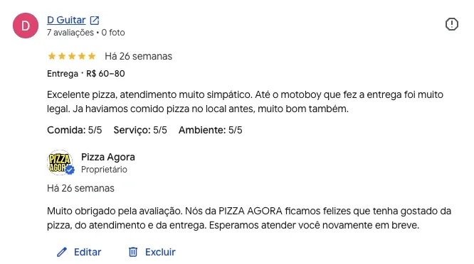 Avaliação real de cliente da Pizza Agora no Google